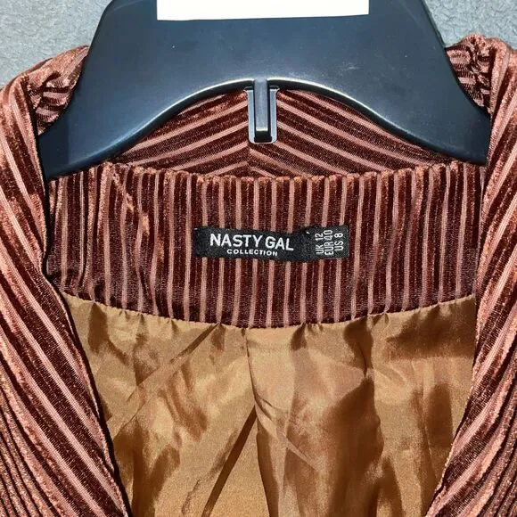Nasty Gal Women US 8 Blazer Rust Plissé Ribbed Velvet Shawl Lapel Party Funky - Picture 8 of 14